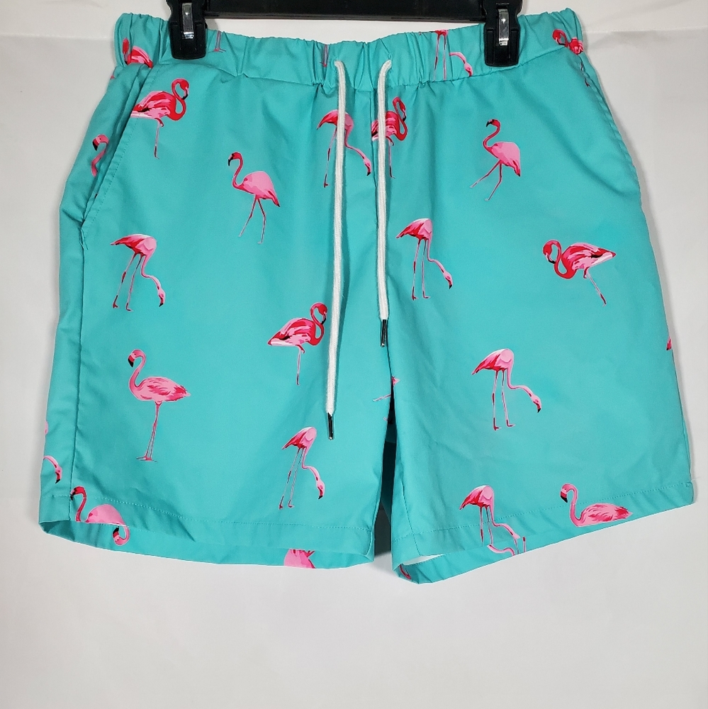 SHEIN FLAMINGO SWIM SHORT TRUNKS AQUA TROPICAL PRINT STRAP TIE MENS MEDIUM